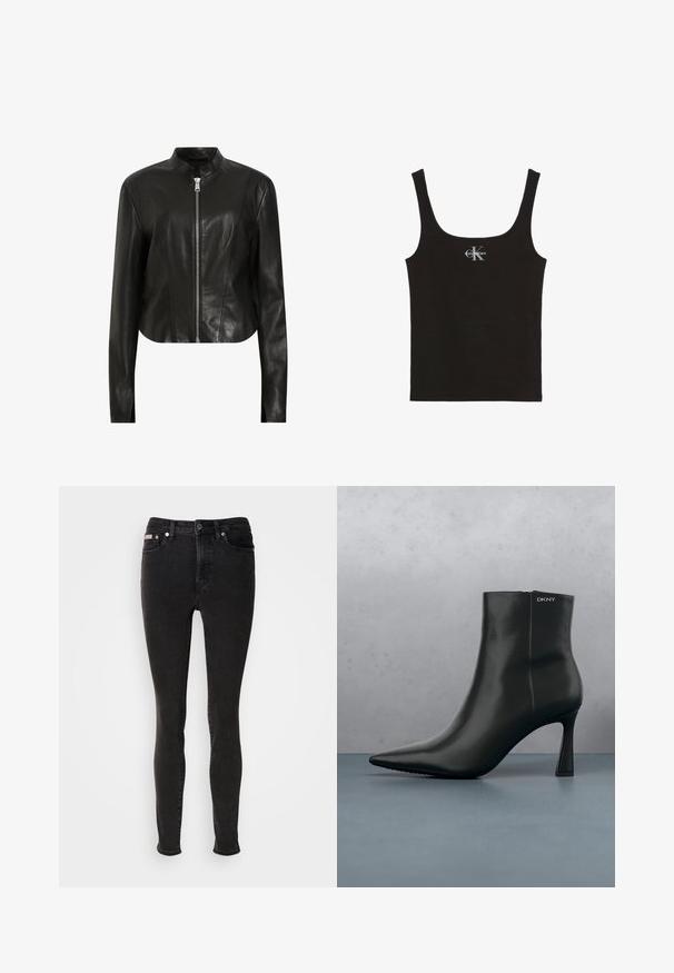 AllSaints SADLER - Leren jas - black; Zwarte katoenen tanktop met een ronde hals en brede schouderbanden. Voorzien van een klein bedrukt "Calvin Klein"-logo aan de voorkant.; Zwarte skinny jeans van denim met een gladde textuur, voorzien van een ontwerp met vijf zakken, riemlussen en metalen knoopsluiting.; Zwarte leren enkellaars met spitse neus en een geometrische hak. Heeft subtiele branding en een gladde textuur. De achtergrond heeft getextureerde tegels.