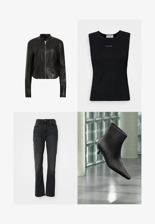 AllSaints SADLER - Chaqueta de cuero - black; Top negro sin mangas de tejido suave. Presenta un cuello redondo y un pequeño logo de Calvin Klein en el centro. Diseño simple y ajustado.; Jeans de mezclilla negros de tiro alto con piernas rectas, diseño de cinco bolsillos, cierre frontal con botón y detalles de costura mínimos.; Bota de cuero negro para el tobillo con puntera puntiaguda y tacón pequeño, exhibida frente a una pared de bloques de vidrio y un suelo pulido.