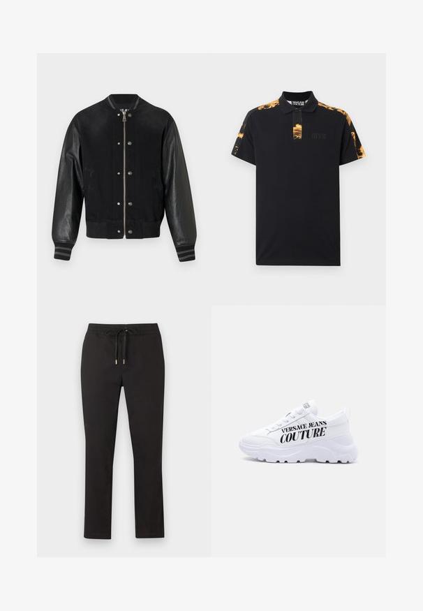 Schwarze Bomberjacke mit Denim-Körper, ledernen Ärmeln, gestreiften Rippenbündchen und Druckknopf-Details. Vorderer Reißverschluss und seitliche Taschen.; Schwarzes Poloshirt mit kurzen Ärmeln, goldfarbenem Barockmuster auf den Schultern und unter dem Kragen sowie dezentem Versace Jeans Couture-Logo auf der Brust.; Schwarze Hose mit geradem Bein, elastischem Bund und Kordelzug mit Metallenden, flach auf hellem Hintergrund ausgelegt.; Weißer klobiger Sneaker mit dicker Sohle, Schnürdesign und dem Schriftzug "Versace Jeans Couture" in fetten schwarzen Buchstaben an der Seite.