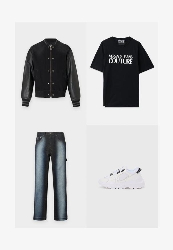 Schwarze Bomberjacke mit Denim-Körper, ledernen Ärmeln, gestreiften Rippenbündchen und Druckknopf-Details. Vorderer Reißverschluss und seitliche Taschen.; Schwarzes Baumwoll-T-Shirt mit kurzen Ärmeln, das auf der Vorderseite den großen weißen Text "VERSACE JEANS COUTURE" trägt. Klassisches Rundhalsdesign.; Dunkelblaue Jeans mit Ombre-Design, das von tiefschwarz zu hellblau übergeht, mit klassischem Fünf-Taschen-Stil und hellem Waschungseffekt.; Weiße Sportsneaker mit klobiger Sohle, Obermaterial aus Mesh und Synthetik, schwarzen Akzentdetails und Schnürsenkeln. Strukturierte Gestaltung und Logo an der Ferse.