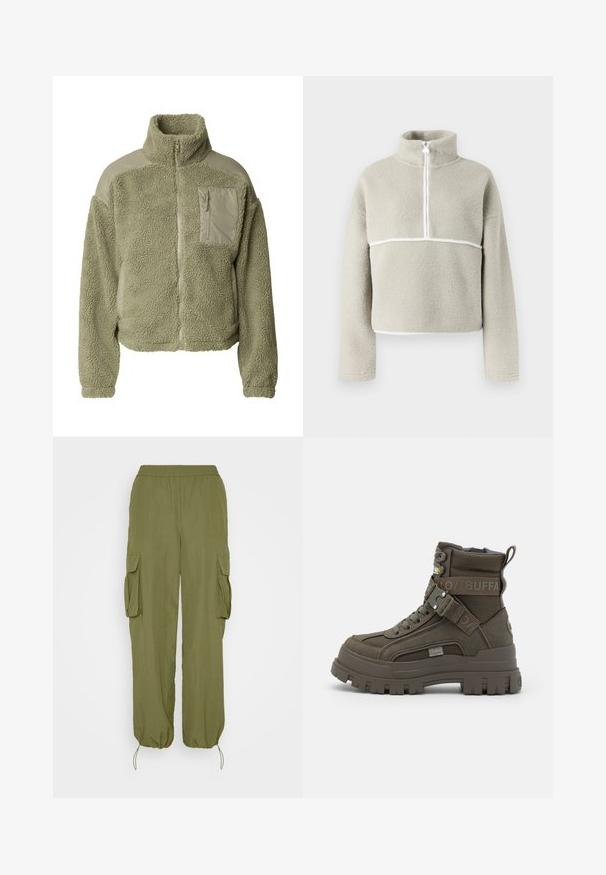 Veste sherpa vert olive à fermeture éclair intégrale, col montant, panneaux d'épaule en nylon et poche poitrine zippée sur le côté gauche.; Pull polaire gris clair avec col montant, fermeture éclair au quart, et bordure blanche traversant la poitrine et les manches ; texture douce, coupe ample.; Pantalons cargo vert olive avec taille élastique, deux poches cargo sur les côtés et poignets à cordon de serrage. Fabriqués en tissu léger et texturé.; Buffalo ASPHA LACEUP MID - Bottines à lacets - khaki