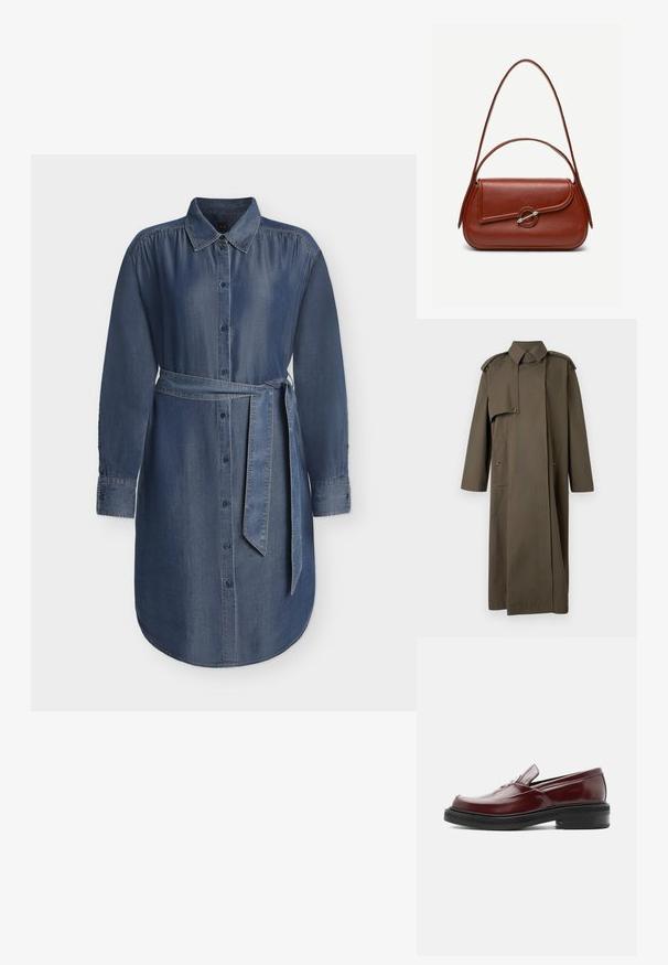 Langer, olivgrüner Trenchcoat aus Baumwolle mit hohem Kragen, Schulterklappen, zwei Vordertaschen und Knopfverschluss.; Blaues Denim-Hemdkleid mit langen Ärmeln, vorderer Knopfleiste, spitzem Kragen, verstellbarem Taillengürtel und geknöpften Manschetten.; Bordeauxroter Lederloafer mit schwarzer klobiger Sohle und silberner dekorativer Schnalle, seitlich auf weißem Hintergrund dargestellt.; Braune Leder-Schultertasche mit abgerundeter rechteckiger Form, asymmetrischer Klappe, silbernem runden Verschluss und zwei dünnen Riemen.