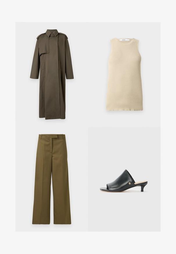 Langer, olivgrüner Trenchcoat aus Baumwolle mit hohem Kragen, Schulterklappen, zwei Vordertaschen und Knopfverschluss.; Beige gestreiftes ärmelloses Oberteil mit Rundhalsausschnitt, das eine figurbetonte Passform und eine glatte Textur aufweist, ideal zum Layering oder bei warmem Wetter.; Olivgrüne, weit geschnittene Hosen aus strukturiertem Stoff mit flacher Vorderseite, Gürtelschlaufen und Seitentaschen, die eine maßgeschneiderte Passform und klare Linien bieten.; Schwarze Leder-Pantoletten mit offenen Zehen und niedrigem Absatz. Sie verfügen über eine glatte Oberfläche und ein goldenes Logo-Detail an der Seite.