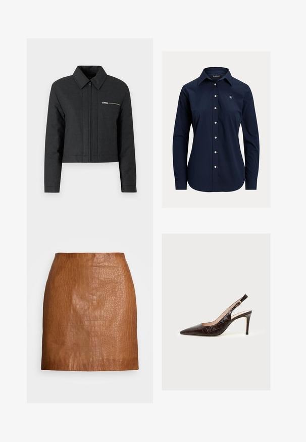 Veste noire cintrée en tissu texturé, avec un col pointu, fermeture éclair à l'avant et une petite poche zippée sur la poitrine gauche.; Chemise bleu marine à manches longues avec boutons, col pointu et petit logo blanc brodé sur la poitrine gauche.; Jupe mini en simili cuir marron avec une texture crocodile gaufrée et une coupe droite et simple.; Chaussure à talon haut slingback en cuir marron foncé avec un bout pointu et une boucle dorée sur un fond clair uni.