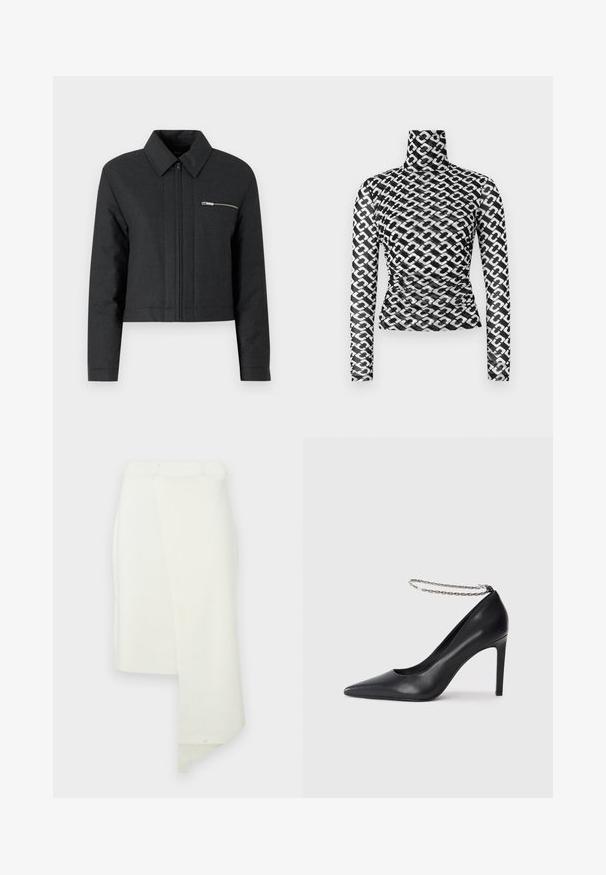 Veste noire cintrée en tissu texturé, avec un col pointu, fermeture éclair à l'avant et une petite poche zippée sur la poitrine gauche.; Haut à manches longues avec col roulé en tissu noir transparent orné d'un motif répétitif de chaînes blanches. Coupe ajustée avec des détails froncés subtils à la taille.; Jupe blanche longueur genou au design ajusté. Présente un ourlet asymétrique et une surface lisse et texturée. Tissu léger.; Escarpin noir en cuir avec un bout pointu, doté d'une fine bride de cheville en chaîne argentée et d'une texture lisse et élégante.