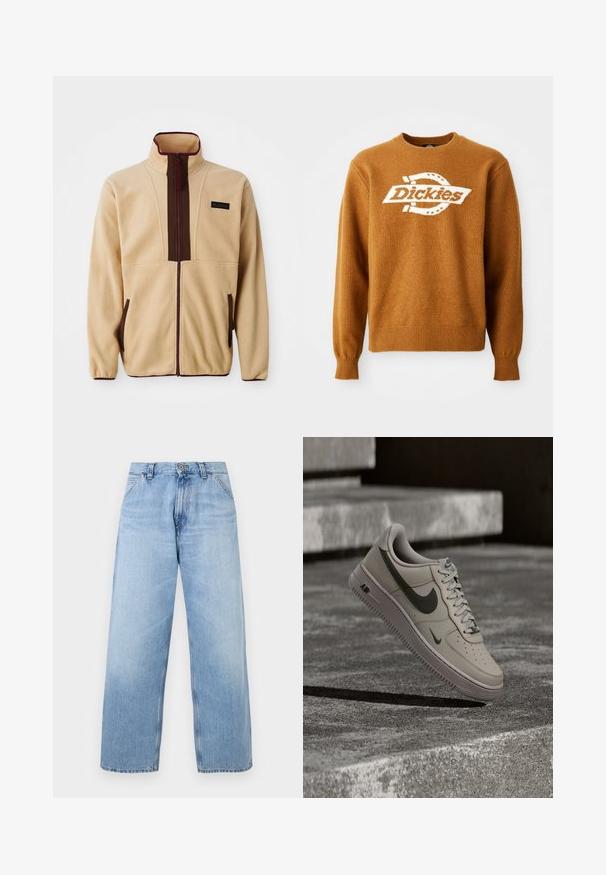 Beige Fleecejacke mit hohem Kragen, Frontreißverschluss, braunen Akzenten, zwei seitlichen Taschen und einem kleinen Logopatch auf der Brust.; Brauner Strickpullover mit einem weißen "Dickies"-Logo auf der Vorderseite. Klassischer Rundhalsausschnitt und gerippte Bündchen sowie Saum. Weiche Textur.; Hellblaue Jeans mit weitem Bein, Fronttaschen, Gürtelschlaufen, Knopfverschluss und verblassten Details.; Beiger Nike Air Force 1 Sneaker mit dunkelgrünem Swoosh-Logo, schwebend über strukturierten Betontreppen bei gedämpftem Licht.