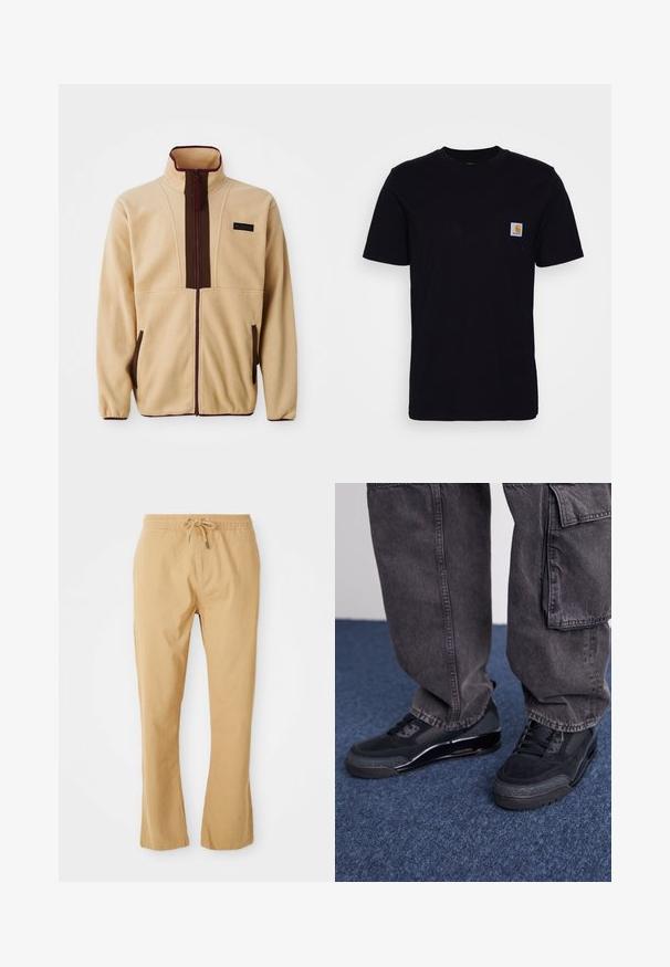 Chaqueta de forro polar beige con un collar alto, cierre frontal con cremallera, acentos marrones, dos bolsillos laterales y una pequeña etiqueta de logo en el pecho.; Camiseta de algodón negra con mangas cortas, cuello redondo y un bolsillo en el pecho que presenta un pequeño parche de logo cuadrado. Diseño simple y sólido.; Pantalones ligeros color beige con cintura ajustable, corte recto y bolsillos laterales. Textura suave con detalles de costura mínimos.; Zapatillas deportivas negras con una superficie texturizada, acentos suaves y una suela gruesa, combinadas con pantalones cargo oscuros y holgados.