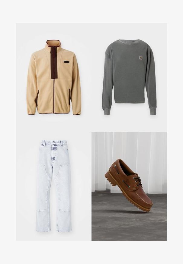 Beige fleecejakke med høj krave, frontlynlås, brune detaljer, to sidelommer og et lille logo på brystet.; Grå langærmet crewneck sweatshirt med ribbet tekstur, med et lille firkantet logo-patch på venstre bryst og ribbede manchetter.; Lys blå denim straight-leg jeans med patchlommer, høj talje og en falmet overflade. Har tonede syninger og en afslappet pasform.; Brun læder bådsko med sorte snørebånd, beige syninger og en robust sål, hængende over en grå betongulv.
