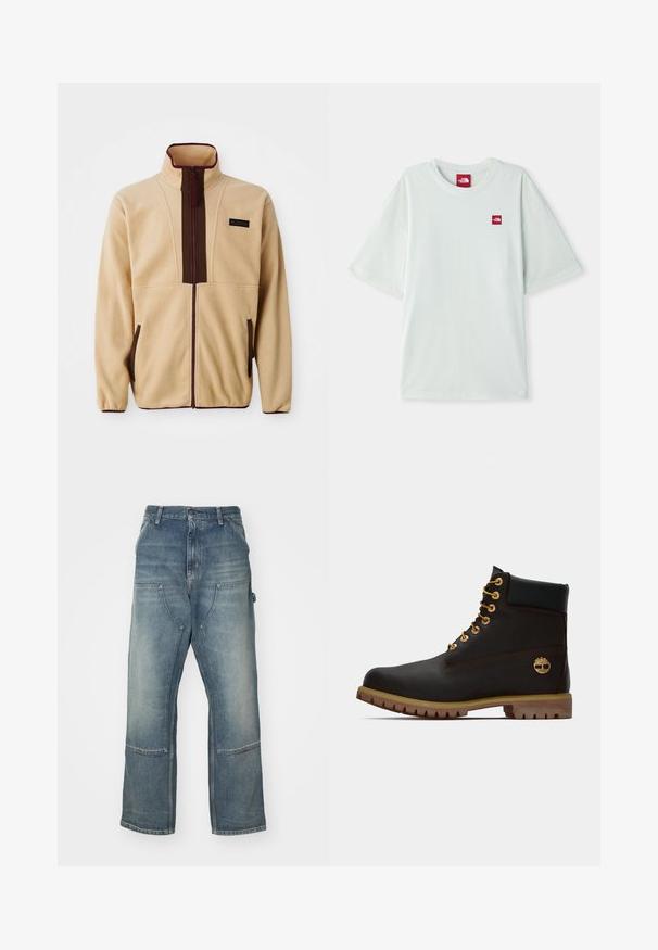 Beige fleecejakke med høj krave, frontlynlås, brune detaljer, to sidelommer og et lille logo på brystet.; Lysegrøn kortærmet t-shirt lavet af blød bomuld, med et lille rødt logo på venstre brystområde. Løs pasform og rund halsudskæring.; Lysblå jeans med afslappet pasform, lavet af denim. Har vide ben, store forlommer og kontraststing-detaljer.; Sorte læder ankelstøvle med gyldne øjer, brune detaljer og gummisål. Har en polstret krave og præget logo på siden.
