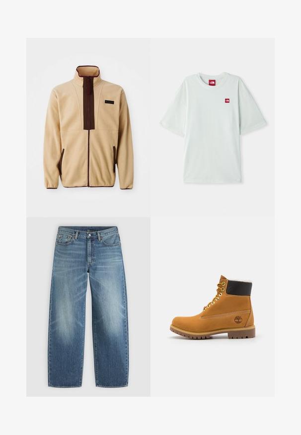 Beige fleecejack met een hoge kraag, ritssluiting aan de voorkant, bruine accenten, twee zijzakken en een klein logo label op de borst.; Lichtgroene T-shirt met korte mouwen van zachte katoen, voorzien van een klein rood logo label op de linker borst. Ontspannen pasvorm en ronde halslijn.; Blauwe spijkerbroek met rechte pijp, knoop en rits aan de voorkant, en vijfzakkenmodel.; Bruine leren enkellaars met metalen oogjes, witte faux bont voering, zwarte gewatteerde kraag, robuuste zool en een reliëflogo aan de zijkant.