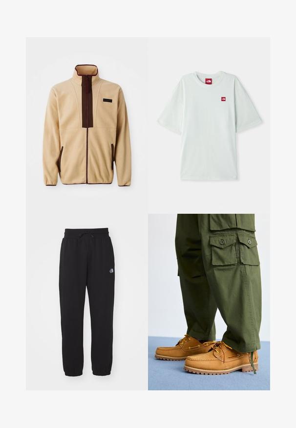 Beige Fleecejacke mit hohem Kragen, Frontreißverschluss, braunen Akzenten, zwei seitlichen Taschen und einem kleinen Logopatch auf der Brust.; Hellgrünes Kurzarm-T-Shirt aus weicher Baumwolle, mit einem kleinen roten Logostein auf der linken Brustseite. Entspannte Passform und runder Halsausschnitt.; Schwarze Jogginghose aus weichem Stoff, mit einem elastischen Bund und Kordelzug, Bündchen an den Knöcheln und einem kleinen Logo am Oberschenkel.; Timberland AUTHENTIC 3 EYE - Bootsschuh - wheat