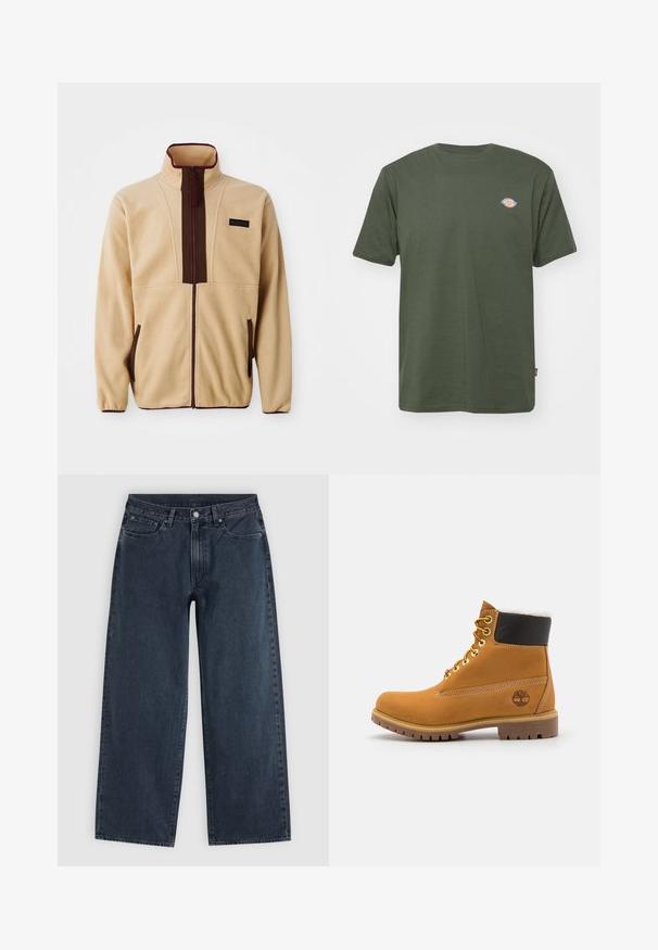 Beige fleecejack met een hoge kraag, ritssluiting aan de voorkant, bruine accenten, twee zijzakken en een klein logo label op de borst.; Olijfgroen katoenen T-shirt met een ronde hals, korte mouwen en een klein gekleurd logo op de borst. Glad textuur, casual ontwerp.; Donkerblauwe jeans met wijde pijpen, vijf zakken, riemlussen, knoopsluiting en ritssluiting, plat gelegd op een lichte achtergrond.; Bruine leren enkellaars met metalen oogjes, witte faux bont voering, zwarte gewatteerde kraag, robuuste zool en een reliëflogo aan de zijkant.