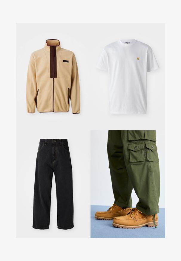 Beige fleecejack met een hoge kraag, ritssluiting aan de voorkant, bruine accenten, twee zijzakken en een klein logo label op de borst.; Witte katoenen t-shirt met korte mouwen en ronde hals, voorzien van een klein gouden logo op de linkerkant van de borst. Zachte textuur en een normale pasvorm.; Zwarte wijde denim jeans met hoge taille, voorste knoop, rits en gele stiksels op de zakken en naden.; Timberland AUTHENTIC 3 EYE - Bootschoenen - wheat