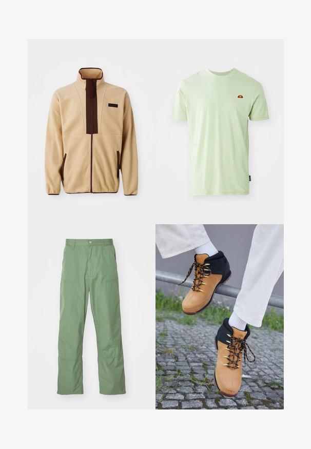 Chaqueta de forro polar beige con un collar alto, cierre frontal con cremallera, acentos marrones, dos bolsillos laterales y una pequeña etiqueta de logo en el pecho.; Camiseta de algodón verde claro con cuello redondo, mangas cortas y un pequeño logotipo bordado en rojo y amarillo en el pecho.; Pantalones de corte relajado en un suave tono verde claro, con una textura lisa, que incluyen bolsillos laterales y detalles de costura visibles. De largo completo con un diseño de pierna recta.; Botas de senderismo marrones y negras con parte superior de ante, ojales dorados y cordones con patrón, exhibidas en una barandilla sobre adoquines. Calcetines blancos visibles.