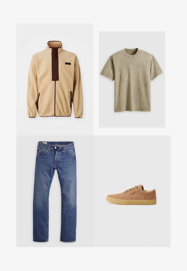 Beige Fleecejacke mit hohem Kragen, Frontreißverschluss, braunen Akzenten, zwei seitlichen Taschen und einem kleinen Logopatch auf der Brust.; Helles braunes T-Shirt mit kurzen Ärmeln und Rundhalsausschnitt, aus weichem Stoff gefertigt. Verfügt über ein kleines, gesticktes Logo auf der Brust.; Blaue Denim-Jeans mit geradem Bein, klassischem Fünf-Taschen-Design und Knopfleiste auf einfarbigem Hintergrund.; Etnies BARGE - Sneaker low - brown/beige/gum