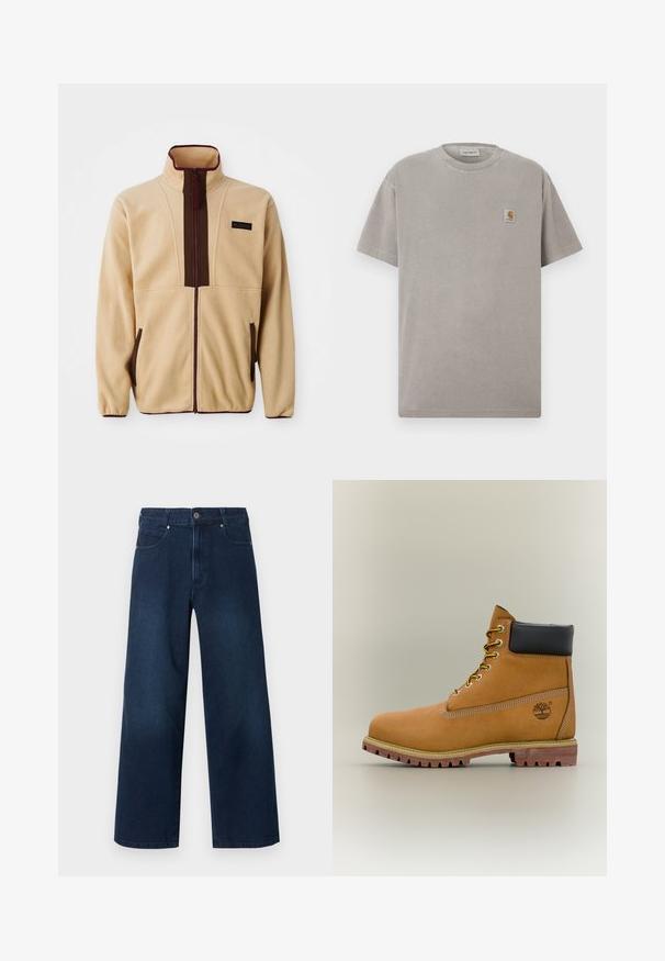 Chaqueta de forro polar beige con un collar alto, cierre frontal con cremallera, acentos marrones, dos bolsillos laterales y una pequeña etiqueta de logo en el pecho.; Camiseta de algodón gris con mangas cortas, cuello redondo y un pequeño parche cuadrado con logo en el pecho izquierdo. Textura suave y ajuste relajado.; Vaqueros de mezclilla azul oscuro con pierna ancha, cierre frontal con botón y cremallera, bolsillos delanteros y traseros, mostrados sobre un fondo blanco.; Bota de tobillo de cuero marrón con cuello negro, cordones amarillos y suela beige. Presenta un logotipo y detalles de costura blanca. Suela exterior con tracción robusta.