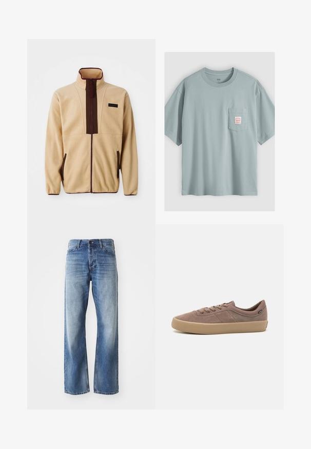 Beige Fleecejacke mit hohem Kragen, Frontreißverschluss, braunen Akzenten, zwei seitlichen Taschen und einem kleinen Logopatch auf der Brust.; Hellblaues kurzärmeliges Baumwoll-T-Shirt mit Brusttasche und kleinem weißen Etikett mit rotem Text.; Blaue Jeans mit geradem Bein aus Denim, mit leichtem Verblassen an den Oberschenkeln und Knien, ausgestattet mit fünf Taschen und einem Knopfverschluss.; Hellbraune Wildledersneaker mit Gummisohle, runder Zehenpartie, Schnürdesign und dezenten seitlichen Akzenten für zusätzliche Struktur.