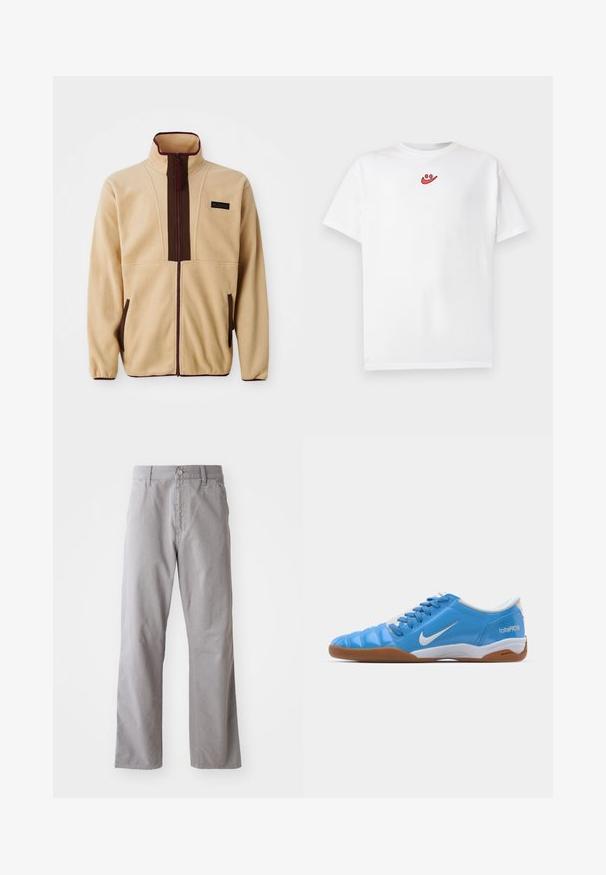 Chaqueta de forro polar beige con un collar alto, cierre frontal con cremallera, acentos marrones, dos bolsillos laterales y una pequeña etiqueta de logo en el pecho.; Camiseta blanca de manga corta con un pequeño logo de cara sonriente roja centrado cerca del escote en la parte delantera.; Pantalones de algodón grises con un diseño de pierna recta, que presentan un cierre frontal con botón y lazos para cinturón. Textura suave y detalles mínimos.; Zapatillas deportivas azules con un upper sintético suave, acentos blancos y una suela de goma; cuenta con cordones y una marca en el lateral.