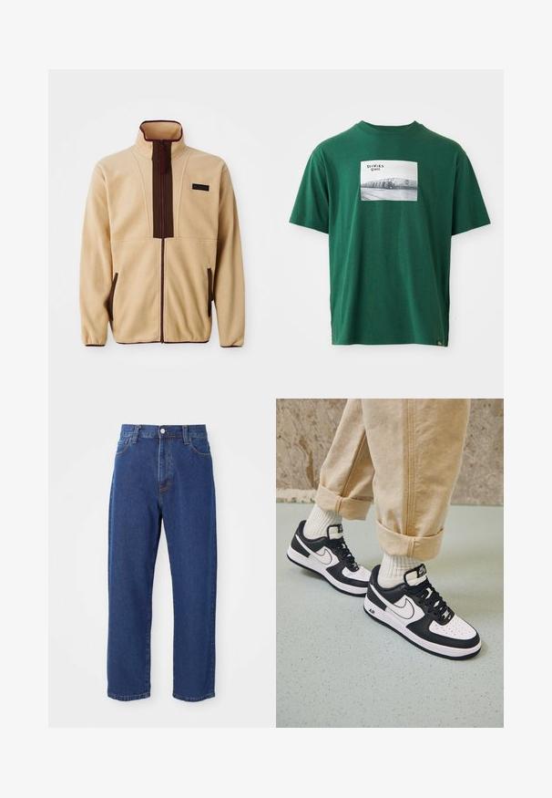 Beige Fleecejacke mit hohem Kragen, Frontreißverschluss, braunen Akzenten, zwei seitlichen Taschen und einem kleinen Logopatch auf der Brust.; Grünes Baumwoll-T-Shirt mit kurzen Ärmeln, das auf der Vorderseite einen quadratischen Grafikdruck eines schwarz-weißen Fotos und Logos zeigt.; Hoch taillierte blaue Jeans aus Denim, mit geradem Bein, sichtbaren Nähten und einem Frontknopfverschluss.; Schwarz-weiße Nike Air Force 1 Sneaker mit einem Obermaterial aus Leder, perforierter Zehenpartie und strukturiertem Sohlendesign, getragen mit aufgerollten beigen Hosen und weißen Socken.
