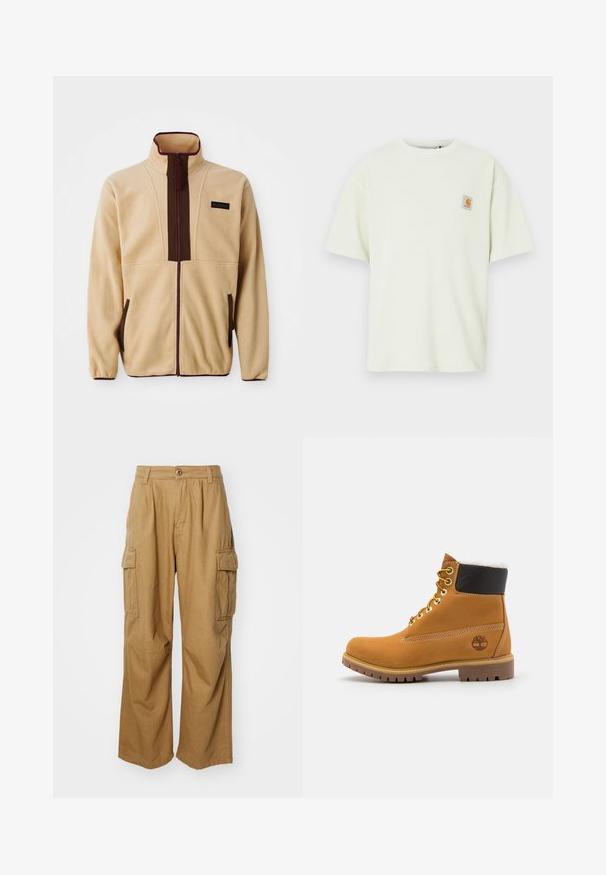 Beige Fleecejacke mit hohem Kragen, Frontreißverschluss, braunen Akzenten, zwei seitlichen Taschen und einem kleinen Logopatch auf der Brust.; Hellgrünes T-Shirt mit kurzen Ärmeln aus strukturiertem Stoff, in lockerer Passform, mit einem kleinen quadratischen Logopatch auf der Brust.; Beige Cargo-Hosen mit geradem Beinschnitt, ausgestattet mit zwei Seitentaschen und einem Knopfverschluss. Hergestellt aus einem weichen, strapazierfähigen Stoff.; Braune Leder-Ankle-Boots mit Metallösen, weißem Kunstfellfutter, schwarzem gepolstertem Kragen, robustem Sohlenprofil und geprägtem Logo an der Seite.
