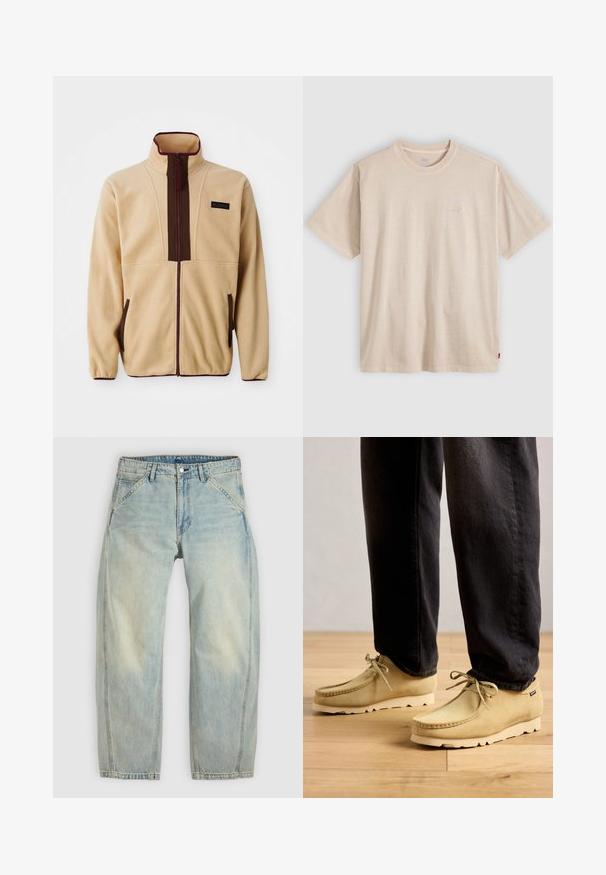 Chaqueta de forro polar beige con un collar alto, cierre frontal con cremallera, acentos marrones, dos bolsillos laterales y una pequeña etiqueta de logo en el pecho.; Camiseta beige de manga corta con cuello redondo, con un sutil logo de Levi’s en el pecho y una pequeña etiqueta roja en la costura lateral.; Vaqueros de pierna ancha en azul claro hechos de denim. Cuentan con cinco bolsillos, cierre de botón y zonas desgastadas para un aspecto envejecido.; Zapatos de ante beige con cordones, usados con pantalones negros sobre un suelo de madera, mostrando un estilo casual y cómodo.