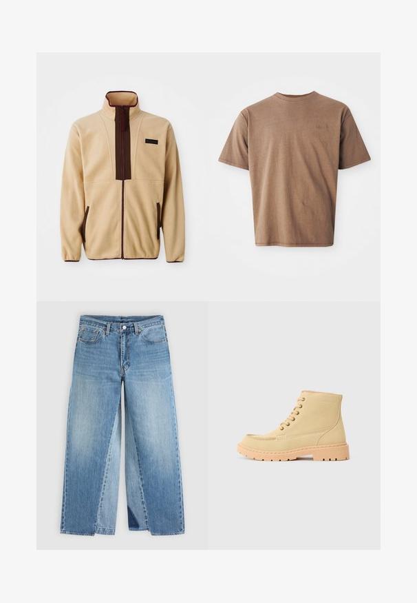 Beige fleecejack met een hoge kraag, ritssluiting aan de voorkant, bruine accenten, twee zijzakken en een klein logo label op de borst.; Bruine katoenen t-shirt met ronde hals, korte mouwen en een discreet geborduurd logo op de linkerborst. Soepele structuur, relaxte pasvorm.; Blauwe spijkerbroek met rechte pijpen, klassiek ontwerp met vijf zakken en een knoopsluiting aan de voorkant, plat weergegeven op een neutrale achtergrond.; Beige suède enkellaarsjes met een beige rubberen zool, met een vetersluiting en zichtbare stiksels langs de randen.