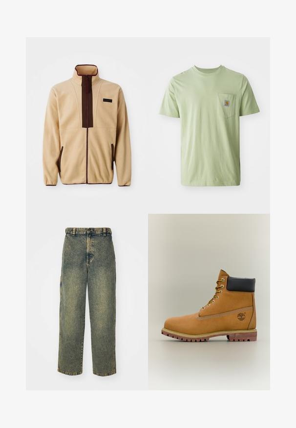 Chaqueta de forro polar beige con un collar alto, cierre frontal con cremallera, acentos marrones, dos bolsillos laterales y una pequeña etiqueta de logo en el pecho.; Camiseta de manga corta verde claro fabricada en tejido suave, con un bolsillo en el pecho que presenta un parche de logo cuadrado. Diseño sencillo y sin adornos.; Jeans de denim holgados en un lavado azul y verde descolorido. Presenta un cierre de botón, pasadores para el cinturón y bolsillos laterales. Diseño de frente plano y pierna recta.; Bota de tobillo de cuero marrón con cuello negro, cordones amarillos y suela beige. Presenta un logotipo y detalles de costura blanca. Suela exterior con tracción robusta.