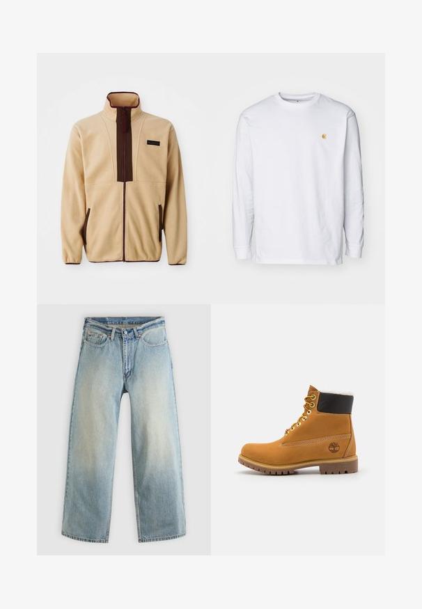 Beige Fleecejacke mit hohem Kragen, Frontreißverschluss, braunen Akzenten, zwei seitlichen Taschen und einem kleinen Logopatch auf der Brust.; Weißes Langarm-T-Shirt aus Baumwolle. Mit kleinem goldenem Logo auf der Brust und Rundhalsausschnitt. Einfaches Design und normale Passform.; Hellblaue, weit geschnittene Jeans aus Denim mit verblasstem Finish. Verfügen über ein standardmäßiges Design mit fünf Taschen und Metallknopfverschluss.; Braune Leder-Ankle-Boots mit Metallösen, weißem Kunstfellfutter, schwarzem gepolstertem Kragen, robustem Sohlenprofil und geprägtem Logo an der Seite.