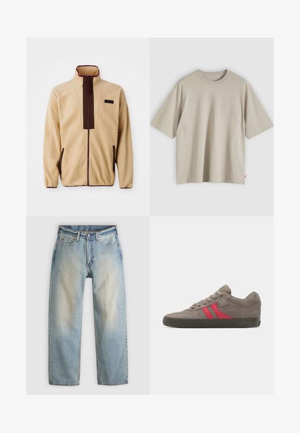Beige fleecejakke med høj krave, frontlynlås, brune detaljer, to sidelommer og et lille logo på brystet.; Beige oversized T-shirt i bomuld med korte ærmer, rund hals og subtilt præget logo på brystet, vist på en neutral baggrund.; Lyseblå denimjeans med afslappet pasform, mellem vask, lige ben, kobbernitter og klassisk fem-lomme-design.; Grå suedestøvle med røde striber og en grå detalje nær kraven. Gummisåle med struktureret grebsmønster og klassisk snøredesign.