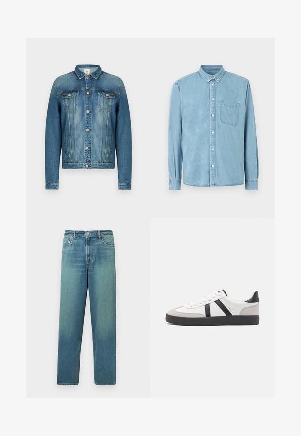 Μπλε τζιν μπουφάν με μπροστινά κουμπιά, δύο τσέπες στο στήθος με καπάκι, πλαϊνές τσέπες και κλασικό γιακά, παρουσιασμένο σε απλό φόντο.; Ανοιχτό μπλε τζιν πουκάμισο με μακριά μανίκια, γιακά με κουμπιά, τσέπη στο στήθος και λευκά κουμπιά στο κέντρο και στις μανσέτες.; Τζιν παντελόνι, ανοιχτό μπλε με ξεθωριασμένο εφέ, ευθεία γραμμή, τυπική πενταπλή τσέπη, μεταλλικό κουμπί και φερμουάρ.; Λευκό αθλητικό παπούτσι με μαύρες και γκρί λεπτομέρειες, featuring ένα υφή γκρί καλύμμα δαχτύλου, μαύρη καουτσούκ σόλα και επίπεδες λευκές κορδόνες. Καθαρός σχεδιασμός, μινιμαλιστικό στυλ.