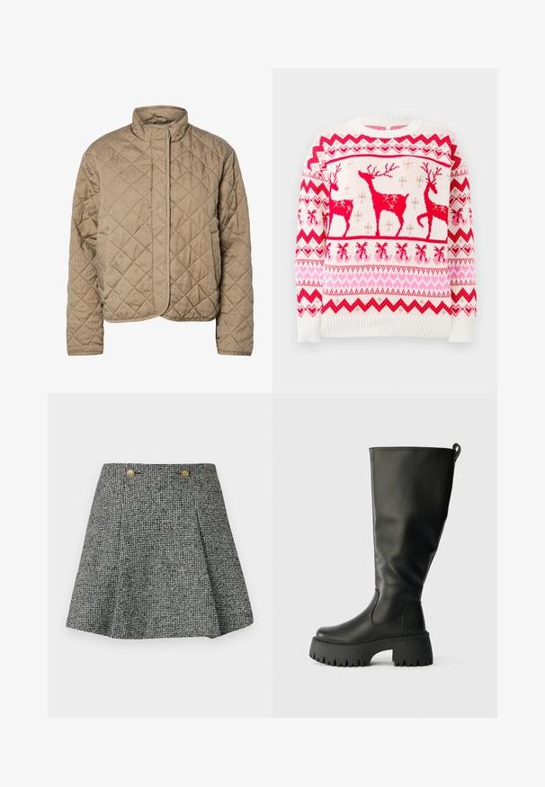 Quiltet brun jakke med høj krave, fuld frontlukning og sidelommer. Har diamantformet syning og en glat overflade.; Strikket sweater i hvid med et mønster af røde og pink rensdyr, som har hjerter og zigzag-motiver. Ribbenstrik ved ærmerne og i kanten. Klassisk rund halsudskæring.; Sorte og hvide ternede nederdel med plisseringer, der har høj talje og to guldfarvede knapper foran. Tekstureret stof.; Knæhøje sorte gummistøvler med en kraftig sål, glat overflade og en slip-on rem bagpå for nem påtagning. Rund tå-design.