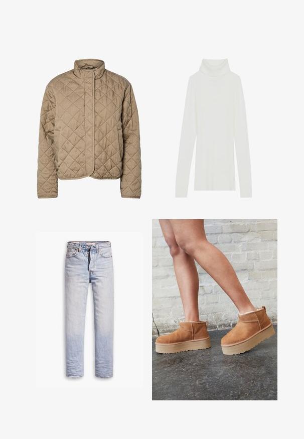 Gequilted bruine jas met een hoge kraag, volledige sluiting aan de voorkant en zijzakken. Heeft ruitvormige stiksel en een gladde textuur.; Witte geribde turtleneck trui met lange mouwen, zachte textuur en een hoge rolkraag, met een aansluitend ontwerp en geen zichtbare sluitingen.; Lichtblauwe denim jeans met een straight leg ontwerp, voorzien van een knoopgulp, vijf zakken en subtiele vervaging langs de benen.; Bruine suède enkelboots met een zachte voering, dikke beige plateauzool en een achterste lus. Getextureerde oppervlakte met zichtbare stiksels.