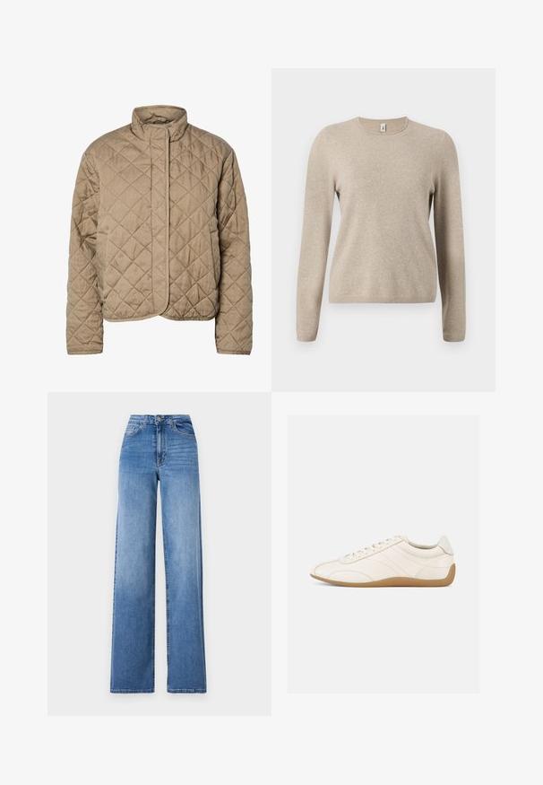 Quiltet brun jakke med høj krave, fuld frontlukning og sidelommer. Har diamantformet syning og en glat overflade.; Beige strikket sweater med lange ærmer, rund halsudskæring og ribbede manchetter. Blød tekstur med et subtilt meleret mønster.; Lyseblå vide denimbukser med høj talje, frontlommer og standard knaplukning. Glat tekstur.; Hvid lædersneaker med en glat tekstur, rund tå og tonale syninger. Har en tanfarvet gummisål og snørebånds-lukning.