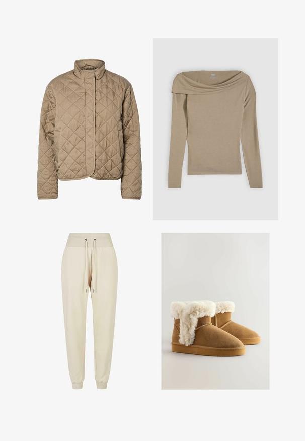 Quiltet brun jakke med høj krave, fuld frontlukning og sidelommer. Har diamantformet syning og en glat overflade.; Beige langærmet top med skulderfri design og glat tekstur. Fremstillet af et blødt, letvægtsstof.; Lys beige joggerbukser lavet af blødt stof, med ribbet talje, snøre og elastiske manchetter ved anklerne.; Brune ruskinds ankelstøvler med en fluffy, hvid fake fur-kant, rund tå og flad gummisål. Syninger langs siderne.
