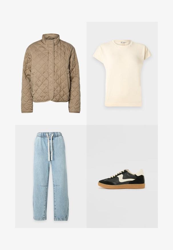 Quiltet brun jakke med høj krave, fuld frontlukning og sidelommer. Har diamantformet syning og en glat overflade.; Kremfarvet t-shirt med korte ærmer og rund hals, med en let løs pasform og minimale syningsdetaljer.; Lyseblå cowboybukser med elastisk talje og hvid snøre, lige ben og subtile sømdetaljer på knæene.; Sorte ruskinds- og lædersneakers med en cremefarvet side-swoosh og lys cremefarvet hæl. Har beige snørebånd og en gummirubber-sål.