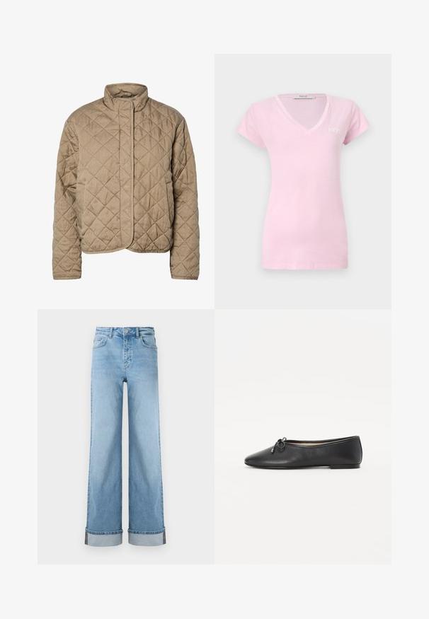 Quiltet brun jakke med høj krave, fuld frontlukning og sidelommer. Har diamantformet syning og en glat overflade.; Lyserød T-shirt med korte ærmer og V-hals, med broderet "REPLAY"-logo på øverste venstre bryst, vist på en ensfarvet baggrund.; Lyseblå, vide jeans i klassisk denim med høj talje, prydet med opbrettede kanter og synlig søm.; Sort læder balletflade med en rund toe og en dekorativ sløjfe detalje. Designet har en glat tekstur og en lav, flad hæl.