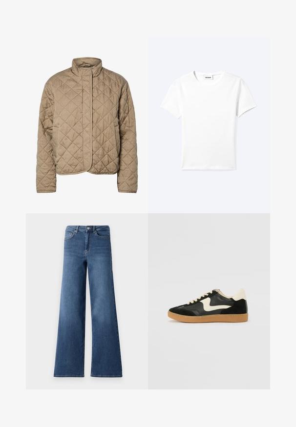 Quiltet brun jakke med høj krave, fuld frontlukning og sidelommer. Har diamantformet syning og en glat overflade.; Ensfarvet hvid t-shirt med korte ærmer og rund halsudskæring med en lille "WEEKDAY" label indeni halskanten, vist fladt på en lys baggrund.; Bredde ben blå denimjeans med en standard talje, forlommer og en glat tekstur. Ingen synlige mønstre eller udsmykninger.; Sorte ruskinds- og lædersneakers med en cremefarvet side-swoosh og lys cremefarvet hæl. Har beige snørebånd og en gummirubber-sål.