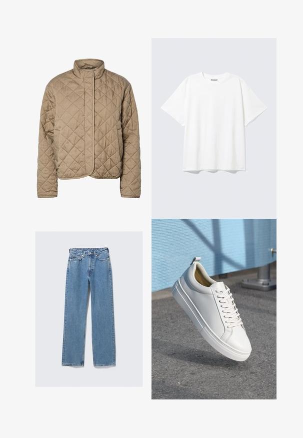 Quiltet brun jakke med høj krave, fuld frontlukning og sidelommer. Har diamantformet syning og en glat overflade.; Hvid T-shirt med korte ærmer og rund halsudskæring med en afslappet pasform og et "WEEKDAY" mærke på indersiden af nakken bagtil.; Blå, høj-taljede, straight-leg denimjeans med frontknap, lynlås, bæltestropper og fem-lommer design på en ensartet lys baggrund.; Hvide lædersneakers med flade snørebånd, rund tå, gummisål og en lille løkke ved hælen. Glat tekstur med minimale designdetaljer.
