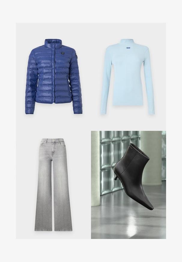Veste matelassée bleue avec col montant, boutons-pression sur le devant, poches latérales, et petit patch logo rectangulaire sur la poitrine et la manche.; Haut à col roulé à manches longues bleu clair en tissu côtelé, avec un petit logo bleu sur la poitrine et une coupe ajustée.; Jean en denim gris à jambes larges avec une finition délavée, poche avant et fermeture à bouton. Caractéristiques d'une coupe droite et d'un ourlet classique.; Bottine en cuir noir avec bout pointu et petit talon, présentée devant un mur en blocs de verre et un sol poli.