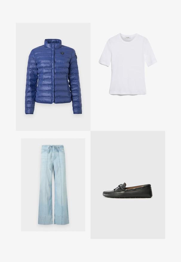 Veste matelassée bleue avec col montant, boutons-pression sur le devant, poches latérales, et petit patch logo rectangulaire sur la poitrine et la manche.; T-shirt blanc à manches courtes en tissu côtelé. Col rond, coupe régulière et détails de couture subtils. Aucune motif ni graphique.; Jean bleu clair à jambes larges avec coutures avant, ceinture à cordon et ourlets repliés.; Bateau en cuir noir avec un bout arrondi, des détails de couture, un petit accent en nœud et une semelle en caoutchouc. Texture lisse et design épuré.