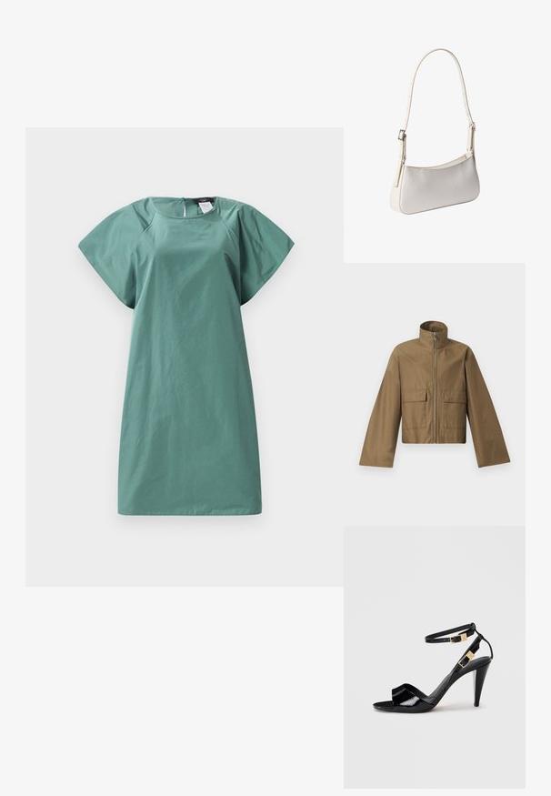 Calvin Klein SHORT JACKET - Kevyt takki - capers; Lyhythihainen mekko hillityssä vihreässä sävyssä, jossa on rento leikkaus, sileä pinta ja takana vetoketju kiinnitystä varten.; Mustat kiiltävät nahkakengät korkokengät, joissa on kaksoispohja ja kultaiset soljet, avonaiset varpaat ja kapea, kapeneva korko neutraalilla taustalla.; Valkoinen olkalaukku säädettävällä hihnalla ja hienovaraisella tekstuurikuviolla, suorakaiteen muotoinen pyöristetyillä reunoilla, hopeinen solki hihnassa.