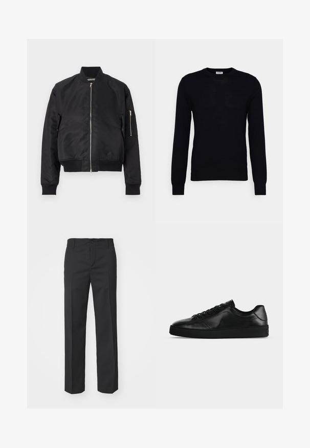Chaqueta bomber negra hecha de tela suave, con cierre de cremallera, puños y dobladillo de canalé, y un bolsillo lateral con detalle de cremallera.; Suéter negro de manga larga hecho de un suave material de punto. Escote redondo, puños y dobladillo acanalados. Diseño minimalista sin patrones ni botones visibles.; Filippa K TROY TROUSERS - Pantalones - black; Zapatilla de cuero negra de perfil bajo con cordones en la parte delantera y suela plana texturizada, mostrada de lado sobre un fondo neutro.