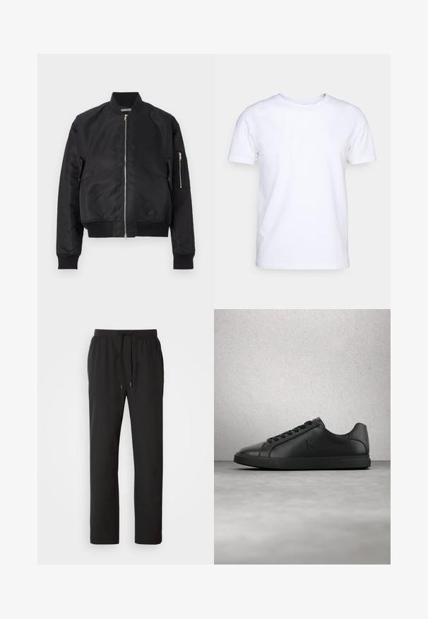 Chaqueta bomber negra hecha de tela suave, con cierre de cremallera, puños y dobladillo de canalé, y un bolsillo lateral con detalle de cremallera.; Camiseta blanca de manga corta en tejido de algodón con cuello redondo. Diseño simple sin patrones ni acentos. Textura suave.; Pantalones de chándal negros hechos de tela ligera, con una cintura elástica y cordones ajustables, además de bolsillos laterales. Textura suave.; Zapatilla deportiva de cuero negro con cordones y el logotipo "ck" en relieve, flotando sobre un suelo gris cerca de una pared de bloques de vidrio.