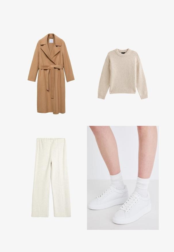 Kamelfarvet uldblandingsfrakke med skridsekrave, bælte i taljen og lange ærmer. Har en lige pasform og minimalistisk design.; Beige strikket sweater med rund hals, lange ærmer og ribbet kant. Tekstureret stof med en blød udseende. Enkel og alsidig design.; Koton WIDE LEG - Træningsbukser - beige; Copenhagen Studios CPH72 - Sneakers - white
