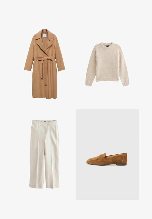 Kamelfarvet uldblandingsfrakke med skridsekrave, bælte i taljen og lange ærmer. Har en lige pasform og minimalistisk design.; Beige strikket sweater med rund hals, lange ærmer og ribbet kant. Tekstureret stof med en blød udseende. Enkel og alsidig design.; Next ASYMETRIC WAITBAND TAILORED WIDE LEG - Bukser - neutral; Brun loafer i ruskind med lav hæl, der har en dekorativ rem over vristen og en glat, struktureret finish.
