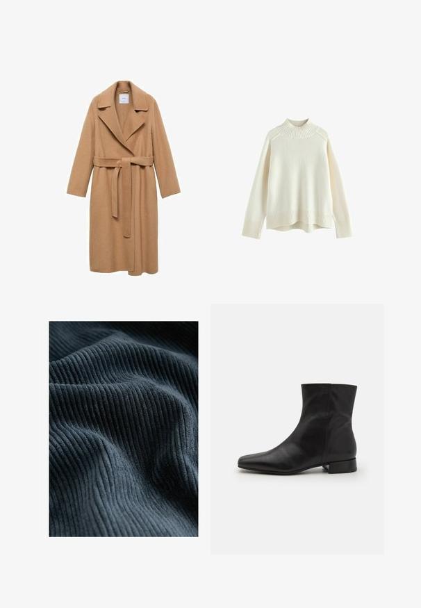 Kamelfarvet uldblandingsfrakke med skridsekrave, bælte i taljen og lange ærmer. Har en lige pasform og minimalistisk design.; Cremefarvet sweater med ribbet høj hals, lange ærmer og en afslappet pasform. Struktureret strikstof og ribbestykke detalje i bunden.; Mørkeblå ribbede stoffer viser lodrette linjer og en blød tekstur, dækket med bløde bølger over overfladen.; Sort læder ankelstøvle med spids tå, glat tekstur, minimalistisk design og en lav blokhæl. Sidelukning går op til anklen.