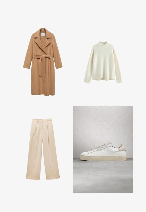 Kamelfarvet uldblandingsfrakke med skridsekrave, bælte i taljen og lange ærmer. Har en lige pasform og minimalistisk design.; Cremefarvet sweater med ribbet høj hals, lange ærmer og en afslappet pasform. Struktureret strikstof og ribbestykke detalje i bunden.; Beige vidde bukser med plisseret front, glat stof og skræddersyet talje. Har to sidelommer og ingen synlige lukninger.; Hvide lædersneakers med en glat overflade, beige ruskindsdetaljer, rund tå, flad snørebåndsdesign og en struktureret gummisål.