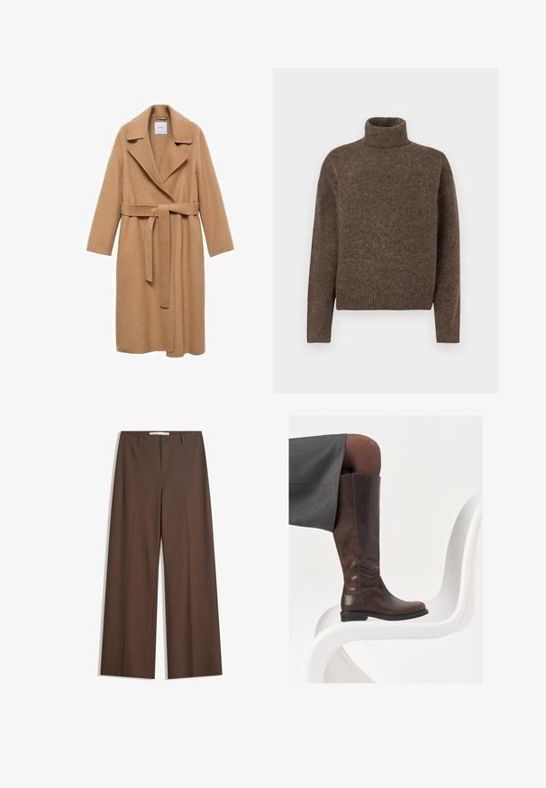 Mantel aus Kamelhaarmischung mit Reverskragen, tailliertem Gürtel und langen Ärmeln. Hat einen geraden Schnitt und minimalistisches Design.; Brauner Rollkragenpullover aus strukturierter Strickware. Hat einen lässigen Schnitt und gerippte Ärmelbündchen und Saum. Einfaches Design, keine Muster oder Verzierungen.; Braune weite Hosen mit einer glatten Textur, vorderen Falten, einem Knopfverschluss und zwei seitlichen Taschen. Designed für Komfort und Vielseitigkeit.; Braune Lederstiefel bis zum Knie mit abgerundeter Spitze, glatter Oberfläche und minimalen Nähten, vor einem hellen Hintergrund auf einem weißen Stuhl.