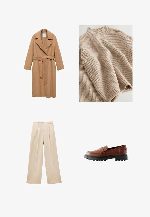 Kamelfarvet uldblandingsfrakke med skridsekrave, bælte i taljen og lange ærmer. Har en lige pasform og minimalistisk design.; Strikket sweater i lys beige med en ribbestrikket tekstur, udstyret med en høj krave og en bred, afslappet silhuet. Markeret med en struktureret syning.; Beige vidde bukser med plisseret front, glat stof og skræddersyet talje. Har to sidelommer og ingen synlige lukninger.; Brune læder loafers med en forhøjet tåhætte, dekorativ rem og tekstureret sort gummisål med markant mønster.