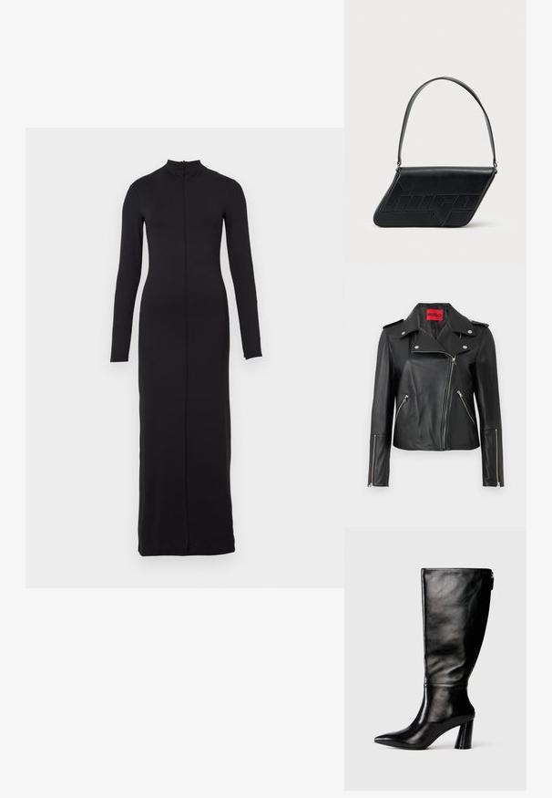 Chaqueta de motocicleta de cuero negro con cremalleras plateadas, cuello abatible y bolsillos con cremallera. Presenta una etiqueta interior roja audaz.; Largo vestido negro hecho de una tela suave, con cuello alto, mangas largas y un cierre central que va del cuello al dobladillo. Diseño sencillo y ajustado.; Bota de cuero negro hasta la rodilla con punta afilada, textura suave y un tacón grueso. Presenta un detalle de cremallera en la parte de atrás.; Bolso de hombro de cuero negro con forma triangular, logo en relieve y una sola correa ajustable. Diseño minimalista con textura suave.